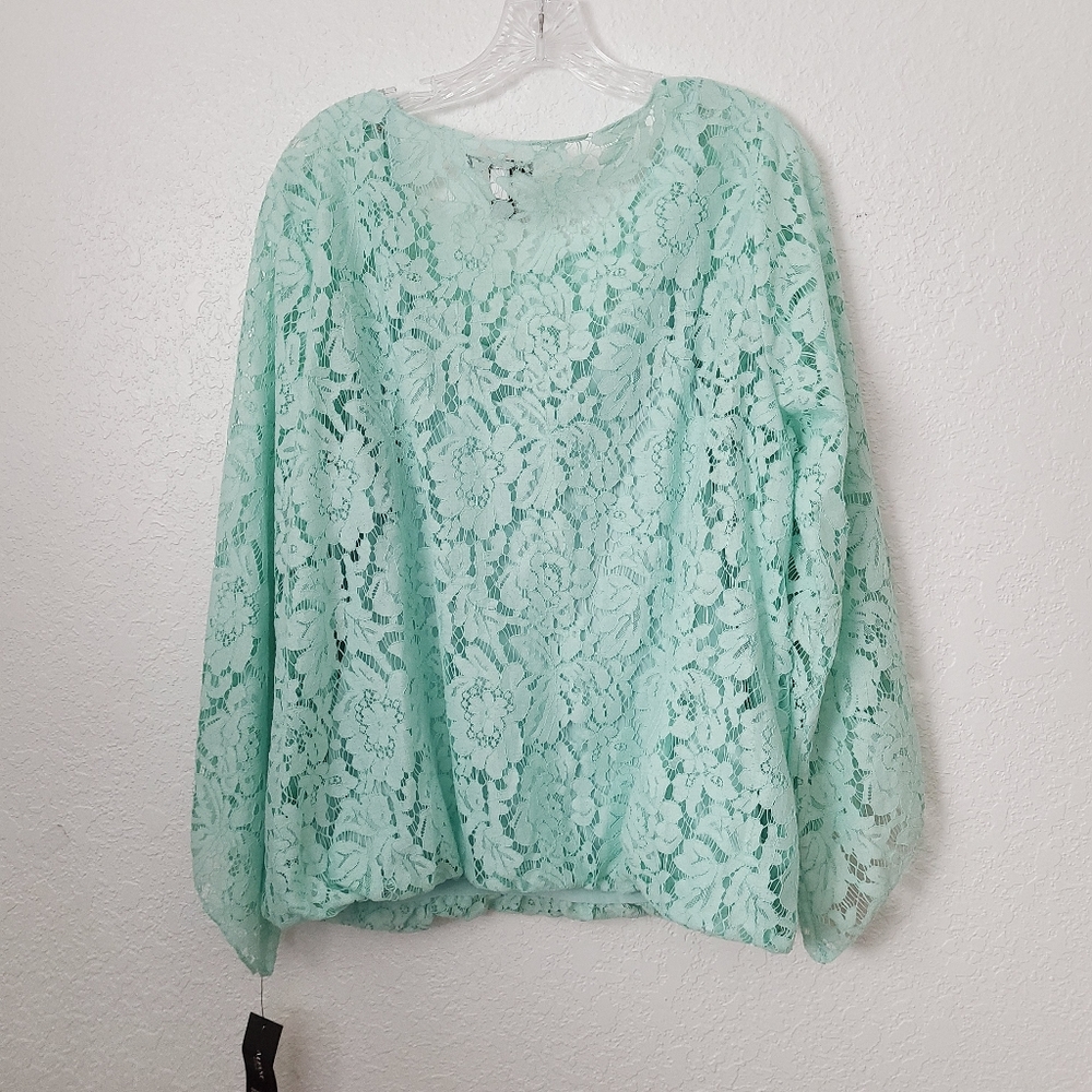 Alfani NWT Tear Drop Seafoam Green Lace Blouse Top - Picture 5 of 8